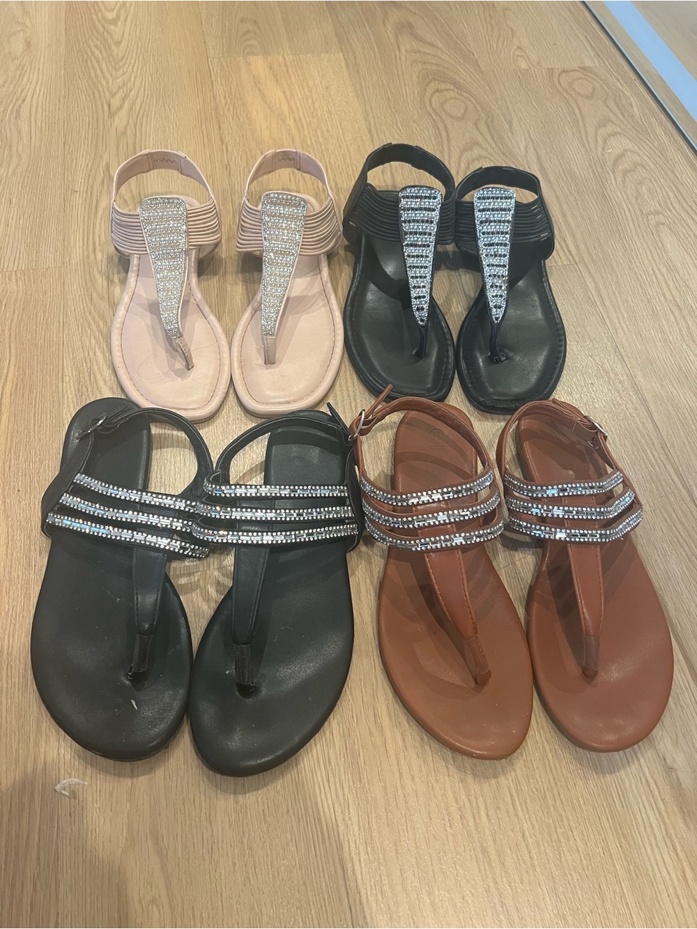 SHEIN Rhinestone T-Strap Sandals in Black, Pink, Brown